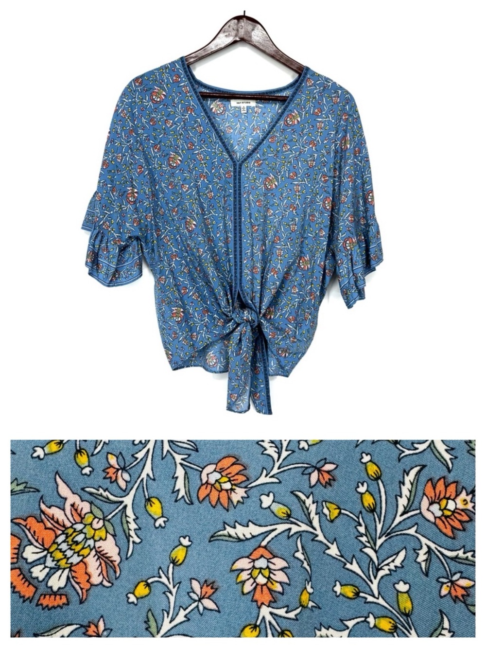 Max Studio Dusty Blue V-Neck Tied Front Blouse Pink Orange Multi Floral Print